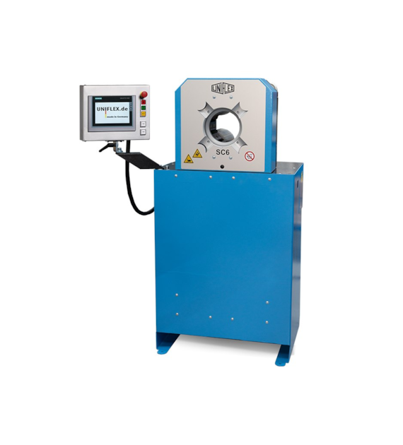 Zakuwarka elektryczna UNIFLEX z kompletem szczęk, do węży hydraulicznych 2  4SP, przemysłowych 3 , siła zacisku 200 Ton, 400 VAC