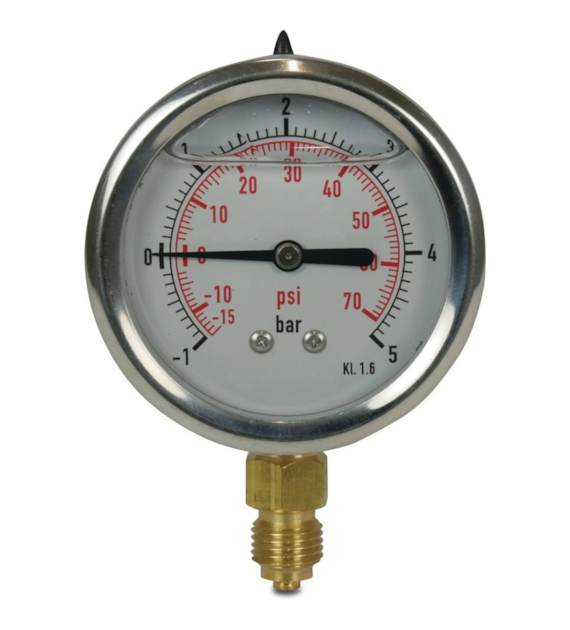 Wakuometr glicerynowy -1 ÷ 0 bar, Ø100 mm, 1/2 BSP, przyłącze dolne (radialne)
