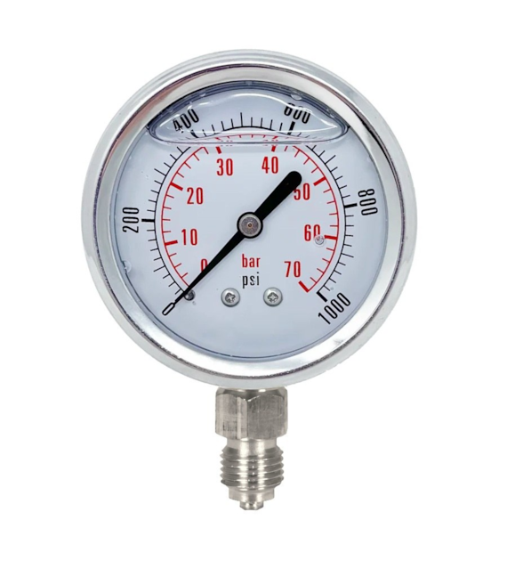 Manometr glicerynowy 0-100 bar, Ø63 mm, 1/4 BSP, przyłącze dolne (radialne), stal 316L/304