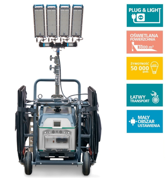 Maszt oświetleniowy Atlas Copco, energia słoneczna