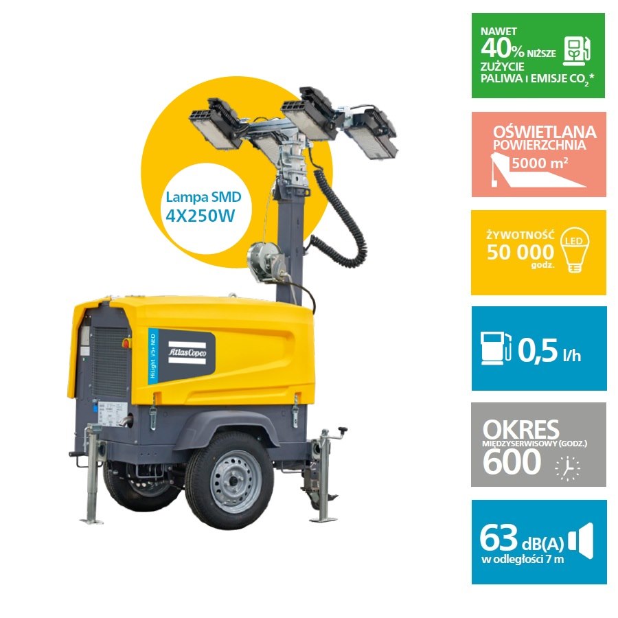 Maszt oświetleniowy Atlas Copco, silnik spalinowy